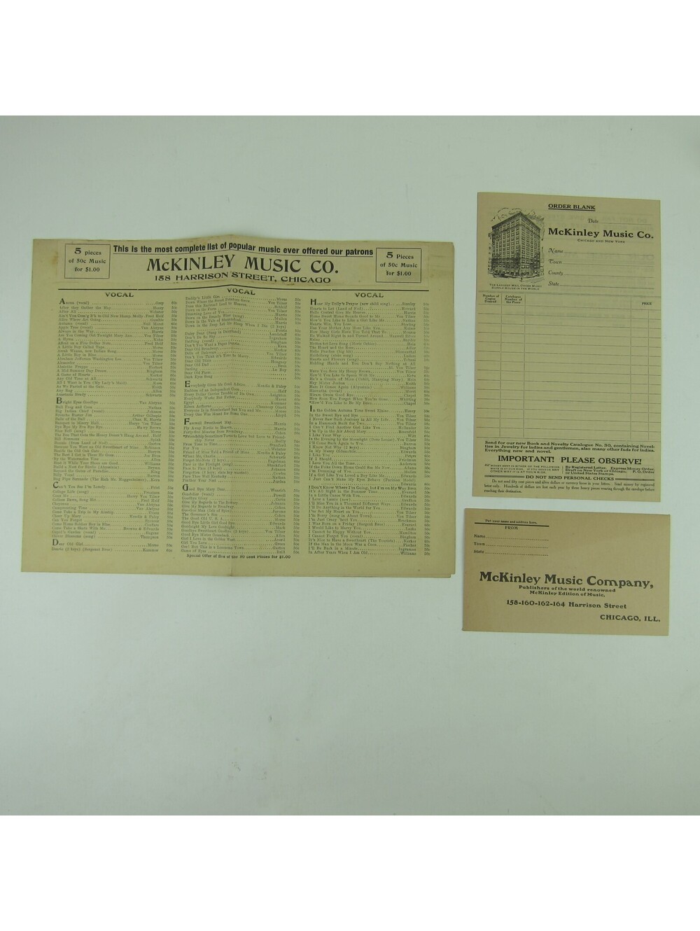 McKinley Music Co Advertising Sheet Music Catalog Order Form & Envelope 1910s
